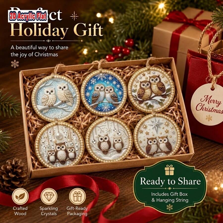 1 Set Owl Theme 6pcs DIY Pearl & Diamond Painting Wooden Hanging Ornament Kit - Includes Owl Pattern Christmas Tree Decor, Round/Pearl Beads, Suitable For Beginners, Stress Relief, Window Display Scene, Handmade Gift, Christmas Decoration, Holiday Window & Wall Decor, Christmas Diamond Painting, Christmas Ornaments, Christmas Handicrafts - Multiple Styles - View 1