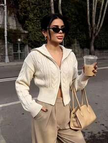 Autumn/Winter New Vintage Oversized Lapel Double Zipper Cable Knit Cardigan, Loose Drop Shoulder Casual Short Commuter Sweater - Apricot - View 4