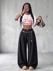 Knot & Curve Women's Long Pants Spring/Summer High Waist Multi-Pleated Design Straight Leg Pants Drape Anti-Wrinkle Metal Button Loose Wide Leg Floor-Length Dress Pants - Black - View 4