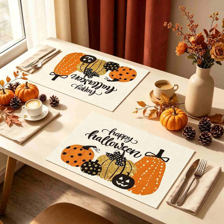 1/4/6pcs Autumn Series Polka Dot Pumpkin Pattern Printed Placemats, Heat-Resistant Table Mat For Home Kitchen, Table Protection, Kitchen Dining Table, Party Scene Decoration