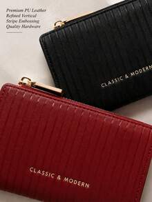 Carteras Para Mujer Vertical Ribbed PU Leather Short Wallet, Zip Around Card Holder With Coin Pocket, Classic Style - Multicolor - View 3