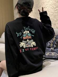 女款秋冬時尚寬鬆極簡百搭貓爪與卡通鴨印花長袖T恤 - 黑色 - 查看 2