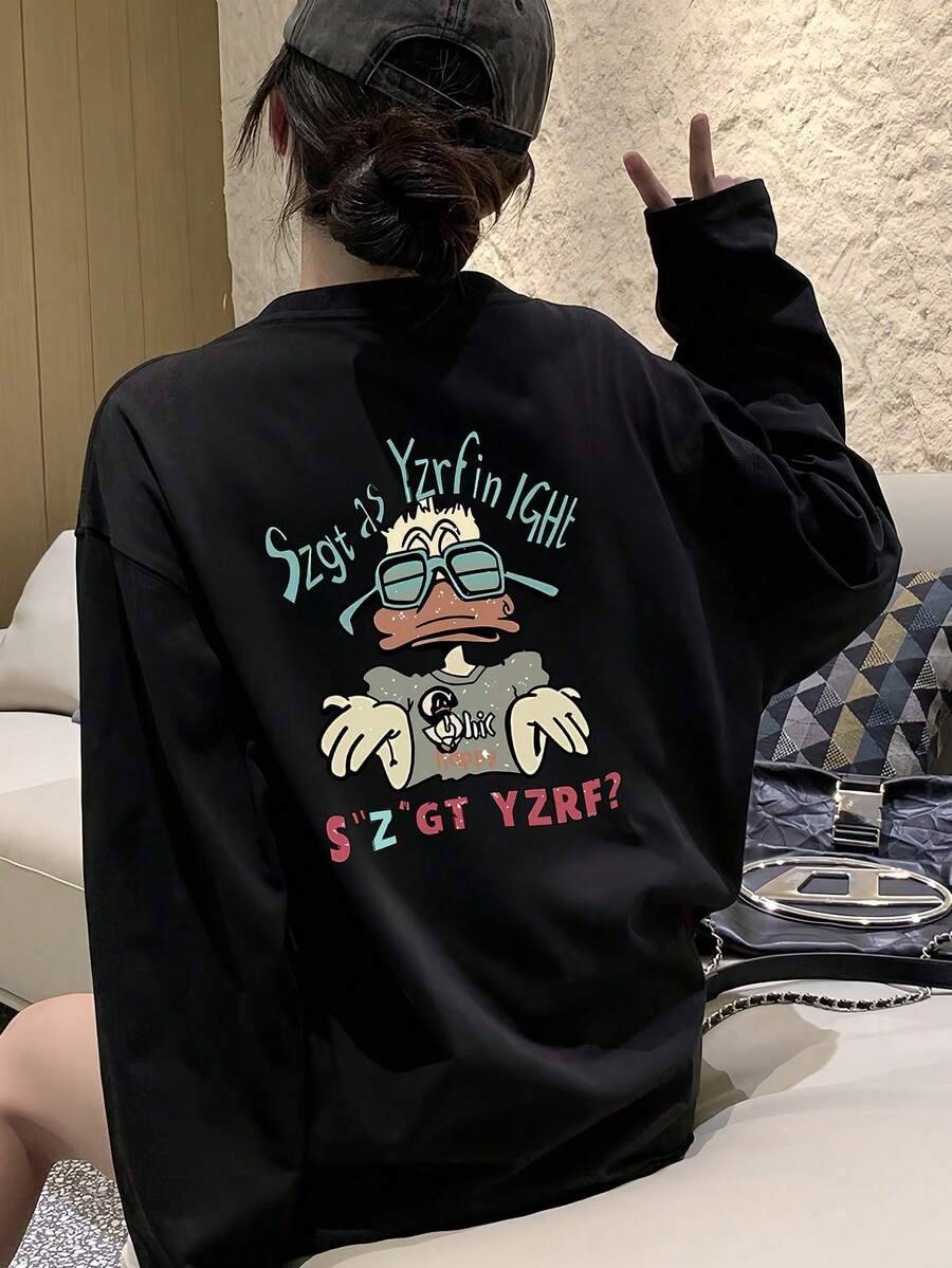 女款秋冬時尚寬鬆極簡百搭貓爪與卡通鴨印花長袖T恤
