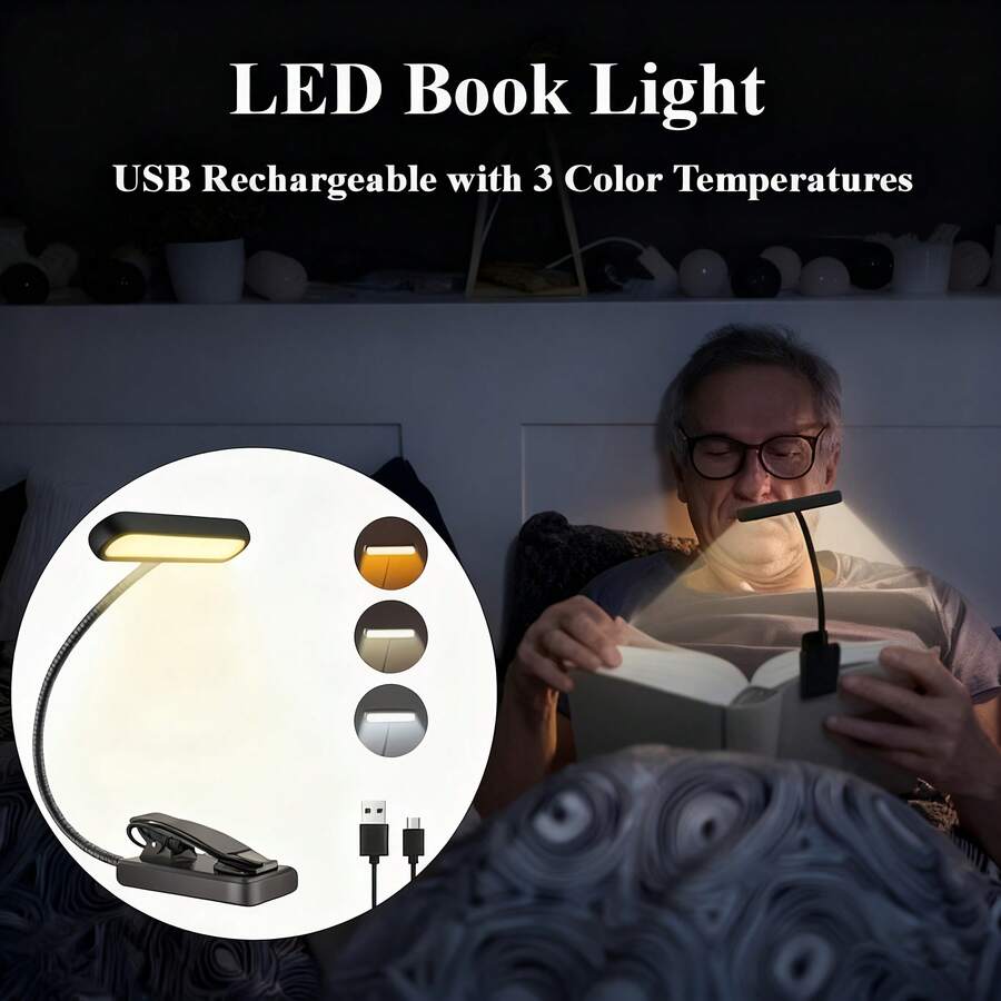 Eye-Protection Rechargeable Clip-On Book Light, Ultra-Bright Dimmable 3 Color Temperature Portable Clip Lamp, Suitable For Bedside Reading, Dorm Study, Gift For Book Lovers, Students, Friends