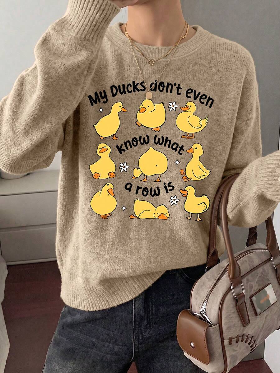 Women's Cartoon Duck Print Sweater With Humorous Sarcastic Quote, Warm And Comfortable For Autumn/Winter