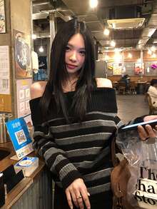 YCYC Black & Grey Striped Off-Shoulder Sweater, Women's Autumn/Winter Slouchy Chic Long Sleeve Knit Top - Black - View 5