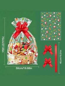 10pcs/Clear Merry Christmas Plastic Gift Bags With Red Satin Ribbon Bow, Christmas Holiday Gift Packaging Supplies, Empty Bags, No Internal Items - Multicolor - View 8