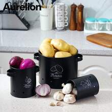 Aurelion 3 PiecesMatte Black Metal Vegetable Storage Canister Set, Potato Onion Garlic Keeper With Lid & Handle, Ventilated Kitchen Countertop Food Storage Bins - Black - View 3