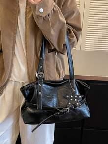 1件女款純色單肩托特包，大容量時尚秋冬新款麂皮手提包，適合辦公、通勤、購物、度假、旅行，可作為禮物使用 - 黑色 - 查看 5