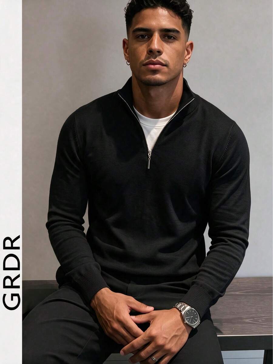 GRDR 男士休閒長袖半拉鍊針織毛衣，百搭日常穿著針織衫