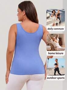 Plus Size Women's Built-In Bra Tank Top Scoop Neck Sleeveless Base Layer Cami For Fall Back To School Workout Daily Commute - Blue - View 4