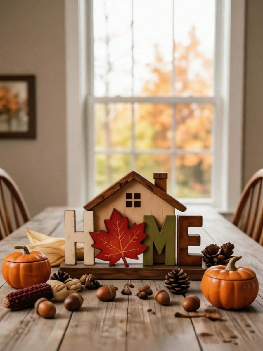 Autumn Desktop Decor Sign, Rustic Maple Leaf And House Design Farmhouse Dining Table Centerpiece, Freestanding Letter Block Decoration, Suitable For Mantel, Shelf, Tiered Tray, Harvest Thanksgiving Home Decor - Multicolor - View 1