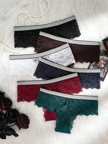 6pcs/Pack Women's Sexy Silver Metallic Criss-Cross Strap & Lace Trim Triangle Panties - Multicolor - View 2