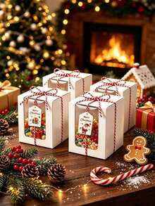 4 Sets Of Christmas And New Year Transparent Window Gift Boxes With Ropes And Hang Tags, Santa Claus, Christmas Tree Snowman Patterns, Christmas Party Decorations, New Year Gift Boxes, Suitable For Christmas, New Year, And Winter Parties - Multicolor - View 5