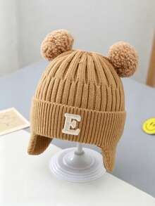 1pc A-Z Letter Kids Knitted Earflap Pom Pom Hat, Thin Warm, Solid Color Versatile, Suitable For Spring, Autumn And Winter - Khaki - View 7