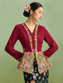 1件優雅刺繡長袖女式襯衫，適合度假、生日派對與日常穿著 - 酒紅色 - 查看 5