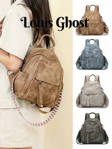Vintage Distressed Backpack For Women, New Fashion Versatile Multi-Functional Shoulder Crossbody Bag. Large Capacity Main Compartment Easily Holds Daily Essentials. 3-In-1 Design, Perfect For Daily Commute, Weekend Outings, And Short Trips. - Multicolor - View 2