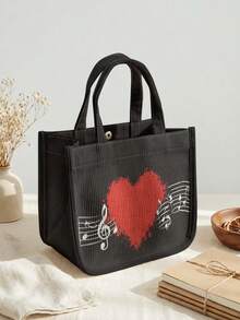 1pc Love Print Corduroy Tote Bag, Snap Button Closure Cute Handbag, Reusable Lunch Tote Bag For Student School Daily Outdoor Shopping Use - Black - View 6