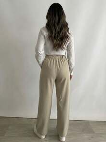 1pc Solid Color Woven Fabric Pocket Button Zipper Long Pants For Vacation, Home, Daily, Office, All Seasons - Khaki - View 2