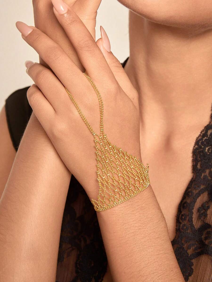 Altistry Lace Crochet Openwork Fairy Bracelet With Finger Ring, Romantic Hand Jewelry Elegant Accessory, Gift For Girlfriend - Golden SL - View 1