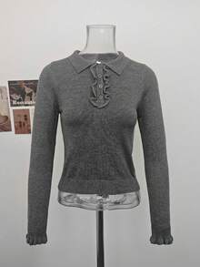 Autumn New Korean Style Square Shoulder Polo Shirt Button Long Sleeve Minimalist Versatile Knit Top - Grey - View 6