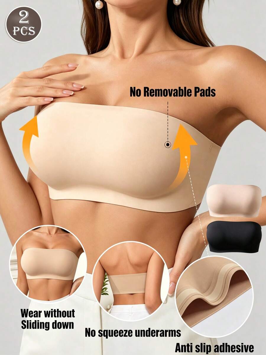 2pcs Women's Strapless Seamless Bras, No Padding Wireless Bandeau Tank Top Bras, Comfortable And Invisible Backless Bras, Suitable For Daily Wear - Multicolor - View 1