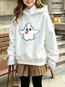 2026 Autumn/Winter Custom Loose White Hooded Sweatshirt For Girls, Cartoon Ghost Print, Casual Cute Style - White - View 12