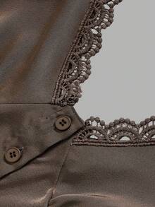 Women's Satin Lace Trim V-Neck Puff Long Sleeve Front Button Cinched Waist Fitted Short Blouse - Coffee Brown - View 4