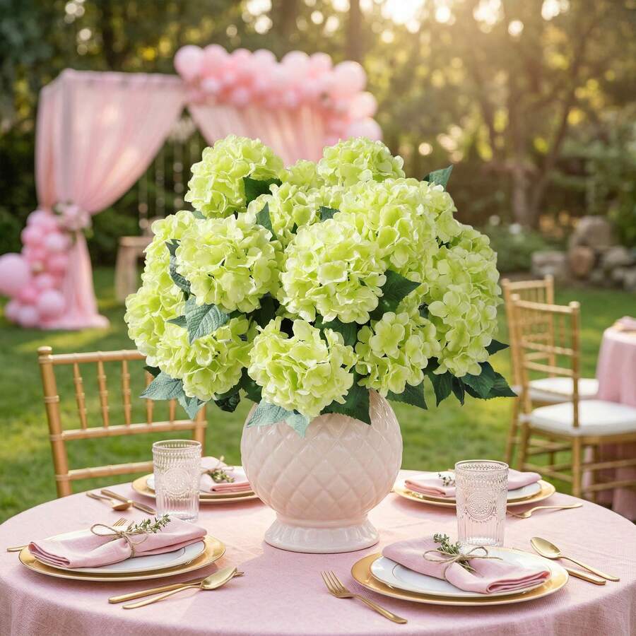 4 tangkai bunga Hydrangea musim gugur buatan, tanaman palsu realistis tahan UV untuk buket, dekorasi tengah meja pesta pernikahan di rumah dan luar ruangan. - Hijau - View 1