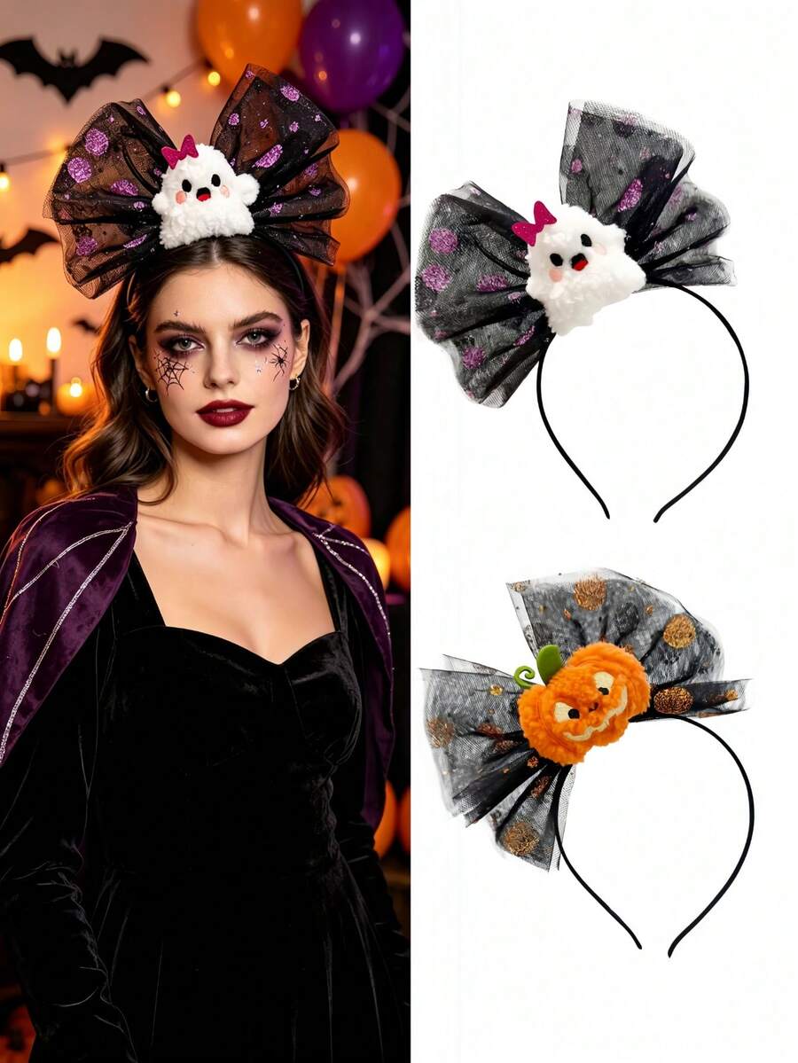 1pc Women's Halloween Mesh Bow Headband, Cute Ghost Pumpkin Cosplay Party Holiday Costume Hair Accessory - Multicolor - View 1
