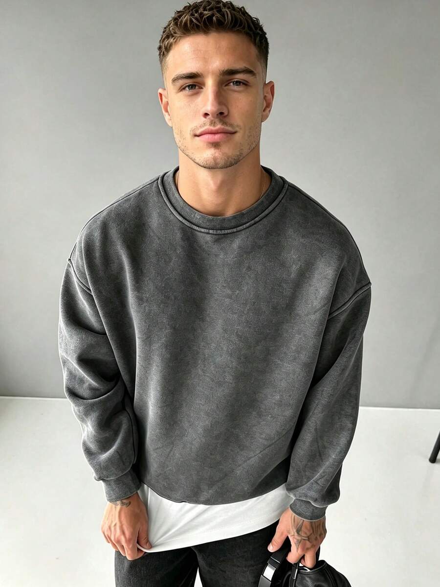 Men's Casual Retro Long Sleeve Sweatshirt, Autumn Style - Dark Grey - View 1