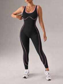Jumpsuit Pembentuk Tubuh Wanita Tanpa Jahitan dengan Blok Warna, Pengontrol Perut, Pengangkat Bokong, Tanpa Punggung, Pas Ramping, Elastis, untuk Yoga dan Olahraga. - Hitam - View 4