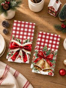 2pcs Christmas Red Plaid Bow Bell Holly Pine Cone Pattern Kitchen Towels, Soft Polyester Dish Cloths, Suitable For Kitchen Decor, Kitchen Cleaning, Holiday Party Decoration, Kitchen Bathroom Supplies Home Essentials, Home Decor, Housewarming Gift - Multicolor - View 7