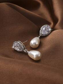 1pair Elegant Teardrop‑Shaped Cubic Zirconia & Faux Pearl Dangle Earrings, Bridal Wedding Jewelry For Ceremony, Banquet, Daily Wear, Party & Gift - White - View 4