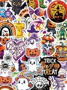 50Pcs Playful Cartoon Halloween Stickers, Cute Ghost, Pumpkin, Mummy, Zombie And Spider Elements, Bright Vivid‑Tone Illustration, For Journal, Water Bottle, Notebook, Storage Box Decoration - Multicolor - View 9
