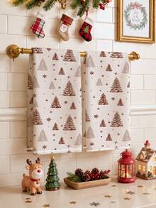 2pcs Christmas Brown Christmas Tree Pattern Kitchen Towels, Soft Polyester Dish Cloths, Suitable For Kitchen Decor, Kitchen Cleaning, Holiday Party Decoration, Kitchen Bathroom Supplies Home Essentials, Home Decor, Housewarming Gift - Multicolor - View 1