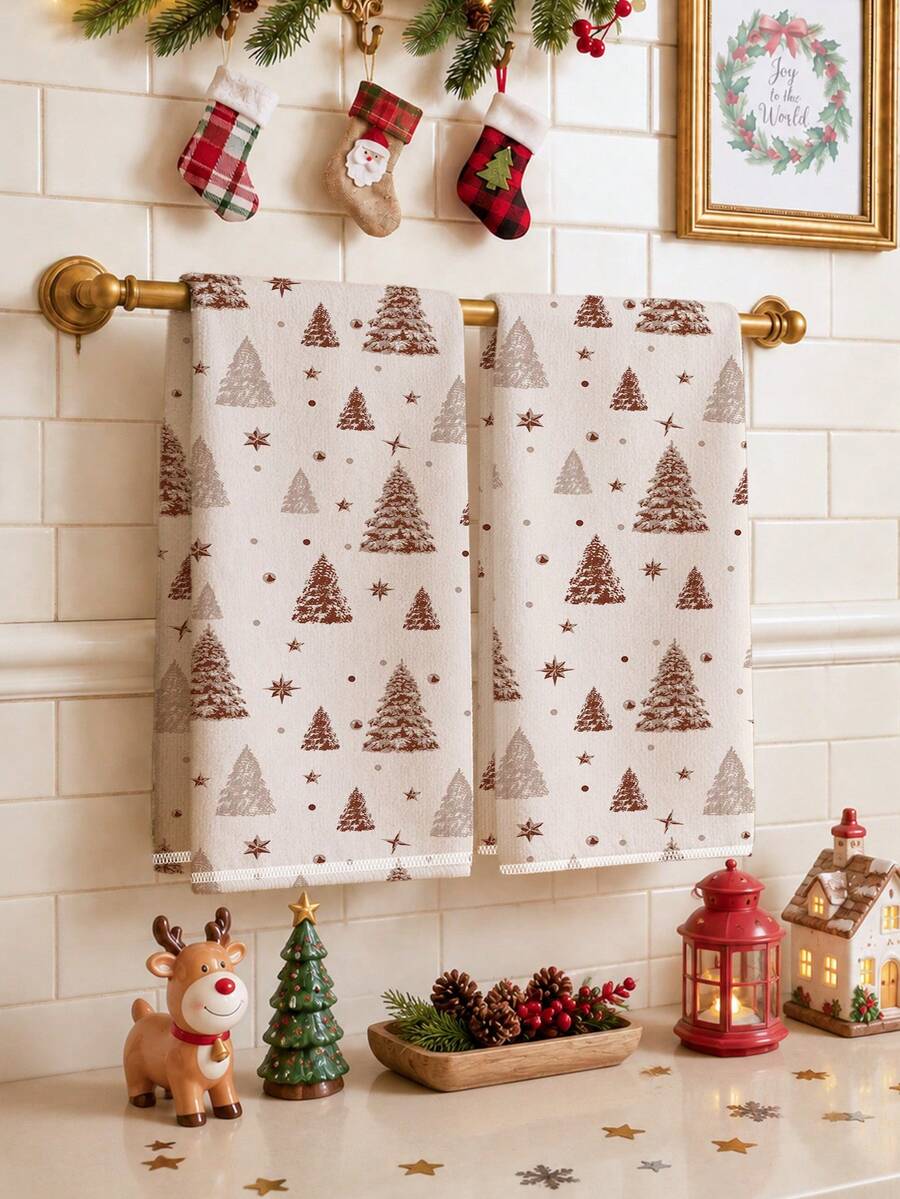 2pcs Christmas Brown Christmas Tree Pattern Kitchen Towels, Soft Polyester Dish Cloths, Suitable For Kitchen Decor, Kitchen Cleaning, Holiday Party Decoration, Kitchen Bathroom Supplies Home Essentials, Home Decor, Housewarming Gift - Multicolor - View 1