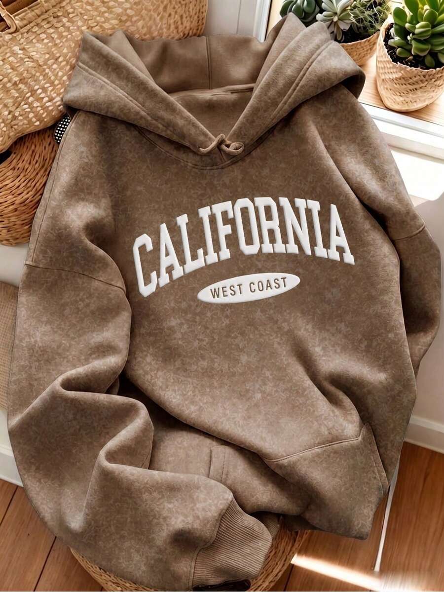 Sweatshirt Wanita Vintage Cokelat dengan Cetakan Huruf California, Sweatshirt Longgar dengan Saku Tali Serut - Coklat - View 1