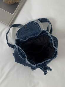 Retro Drawstring Drawstring Backpack, Embellished With Lace And Labels, Featuring Multiple Pockets, Suitable For Shopping, Dating And Daily Travel - Blue - View 12