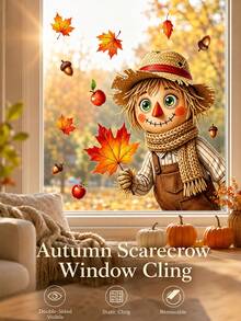 1pc Autumn Leaf Scarecrow Window Sticker, Glue-Free PVC Static Cling, Hello Autumn Design, Creative Aesthetic Maple Leaf Butterfly Fairy Glass Sticker Decoration, Autumn Fallen Leaves Chestnut Red Apple Harvest Thanksgiving Static Window Sticker, Autumn Atmosphere Art Window Sticker Decoration, Suitable For Windows, Living Room, Bedroom, Balcony, Study, Autumn Home Decor - Multicolor - View 2