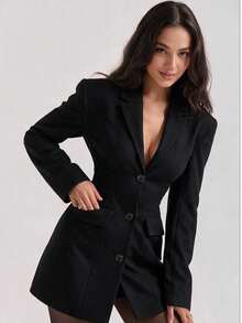Elegant Women's Black Woven Short Jacket, Pointed Collar Long Sleeve, Button Front Jacket With Pockets, Winter Outfit Essential - Black - View 10