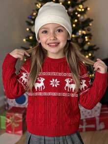 Girls' Elegant Deer Pattern Round Neck Cable Knit Pullover Sweater, Suitable For Christmas, Casual Wear, Spring, Autumn, Winter - Red - View 1
