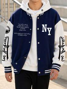 1pc Tween Boys Casual Vintage Solid Color Fleece Hooded Baseball Jacket With Graphic Print, Spring/Autumn/Winter - Navy Blue - View 1