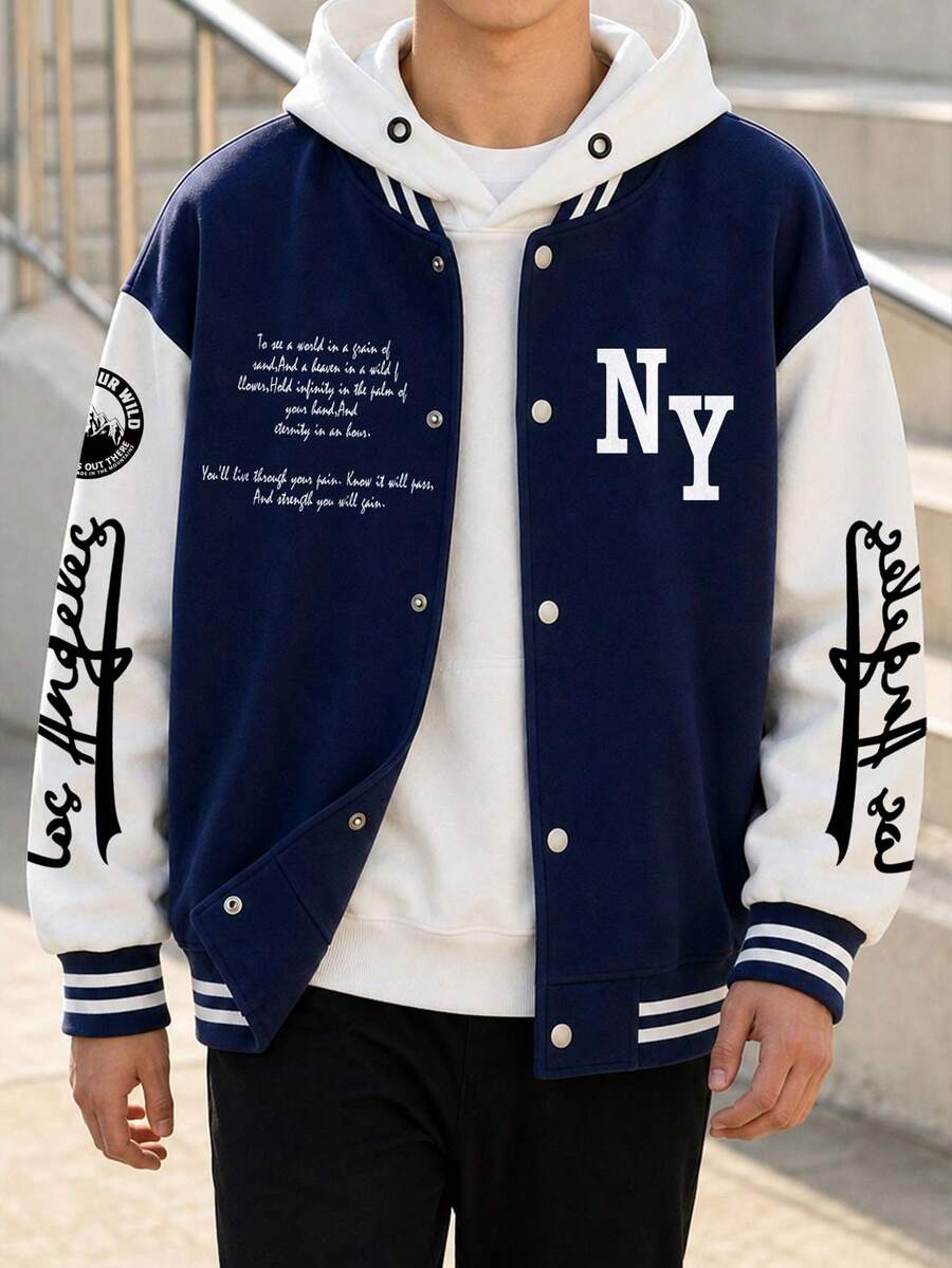 1pc Tween Boys Casual Vintage Solid Color Fleece Hooded Baseball Jacket With Graphic Print, Spring/Autumn/Winter - Navy Blue - View 1