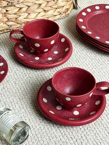 Vintage Polka Dot Distressed Design Coffee Cup And Saucer, Office Afternoon Tea Cup, Glazed Ceramic Breakfast Milk Mug - Burgundy - View 5