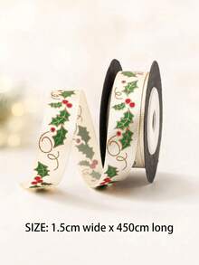 4.5m Vintage Holly Print Ribbon, Suitable For Gift Wrapping, Holiday Party Celebration Bow Decoration, Also For Sewing DIY Handicrafts - Multicolor - View 11