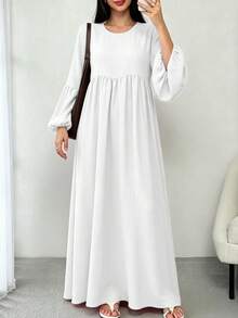 Solid Color Loose Fit Pleated Abaya, Bell Sleeve Round Neck Elegant Islamic Long Dress, Suitable For Middle Eastern Women's Daily Home Wear - Multicolor - View 25