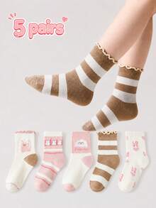 5 Pairs Kids' Mid-Calf Socks, Cute Cartoon Bunny & Stripe Patterns, Ruffle Cuffs, Soft, Breathable And Comfortable - Multicolor - View 1