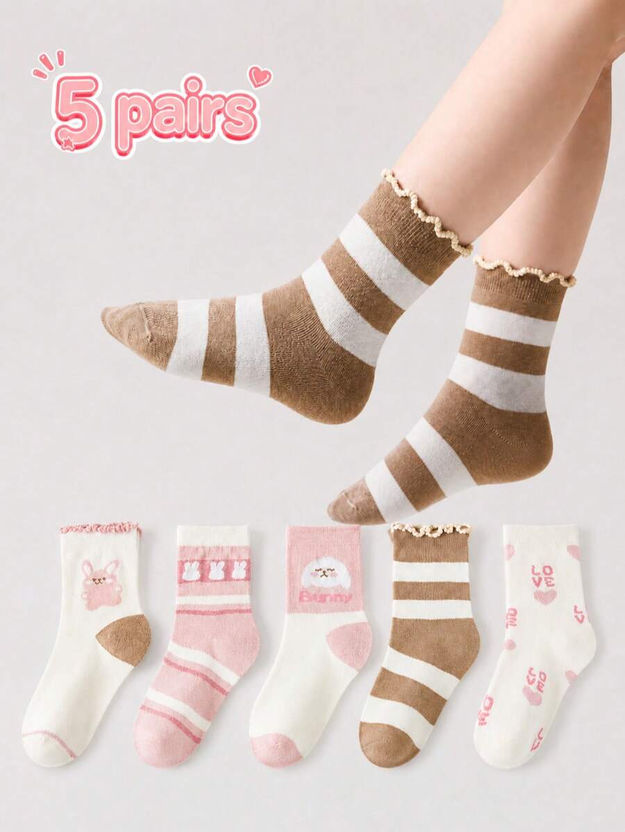 5 Pairs Kids' Mid-Calf Socks, Cute Cartoon Bunny & Stripe Patterns, Ruffle Cuffs, Soft, Breathable And Comfortable - Multicolor - View 1