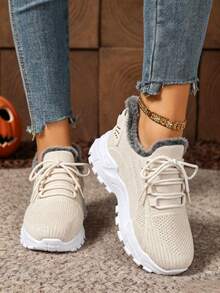 FZY Women's Plush-Lined Knit Platform Sneakers, Warm Winter Lace-Up Platform Shoes, Comfortable Non-Slip Casual Outdoor Daily Shoes, Perfect For Halloween - Apricot - View 7